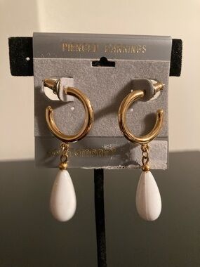 Gold Hoop Earrings with White Teardrop Pendants